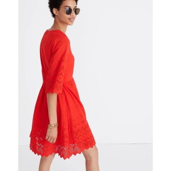 Madewell Eyelet Lattice Dress Peplum Eyelet V Neck Swing - Picture 6 of 10